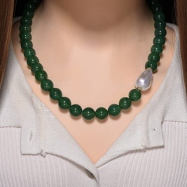 EverTrue Verde Onyx Baroque White Shell Pearl And Simulated Diamond 405.00 Ctw Necklace In ION Plated YG Stainless Steel 20 Inches