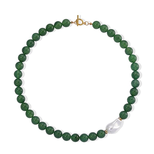 EverTrue Verde Onyx Baroque White Shell Pearl And Simulated Diamond 405.00 Ctw Necklace In ION Plated YG Stainless Steel 20 Inches