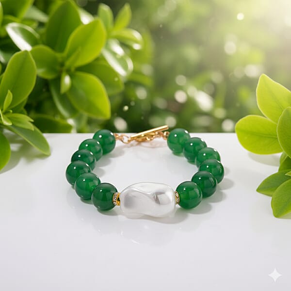 EverTrue Verde Onyx Baroque White Shell Pearl And Simulated Diamond 135.00 Ctw Bracelet In ION Plated YG Stainless Steel (8.00 In)