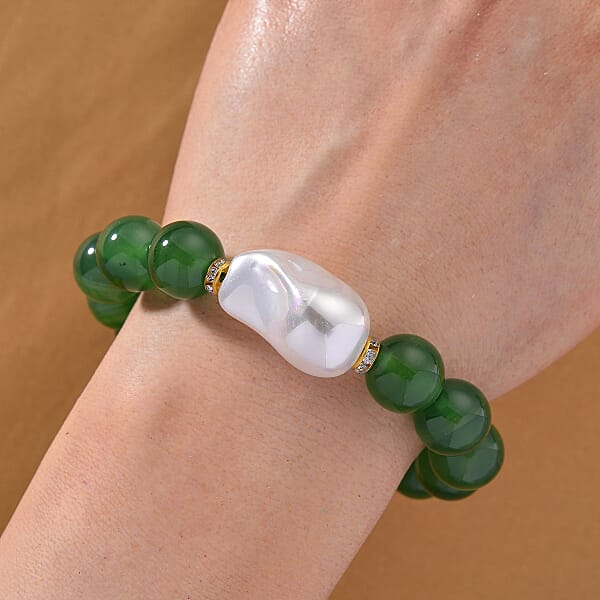 EverTrue Verde Onyx Baroque White Shell Pearl And Simulated Diamond 135.00 Ctw Bracelet In ION Plated YG Stainless Steel (8.00 In)