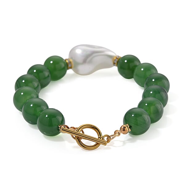 EverTrue Verde Onyx Baroque White Shell Pearl And Simulated Diamond 135.00 Ctw Bracelet In ION Plated YG Stainless Steel (8.00 In)