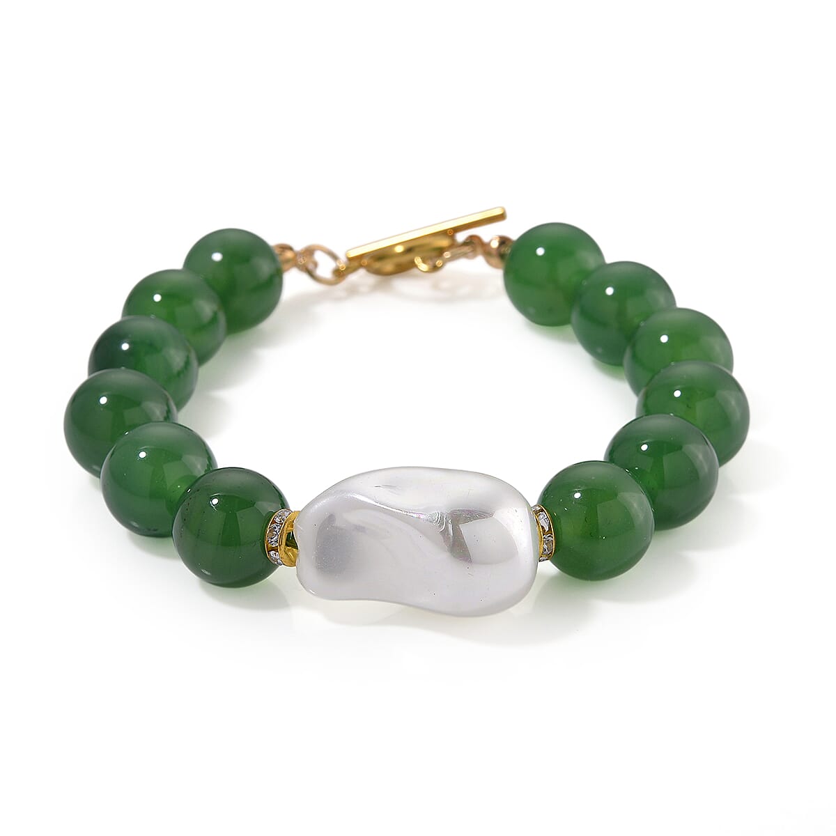 EverTrue Verde Onyx Baroque White Shell Pearl and Simulated Diamond 135.00 ctw Bracelet in ION Plated YG Stainless Steel (8.00 In)