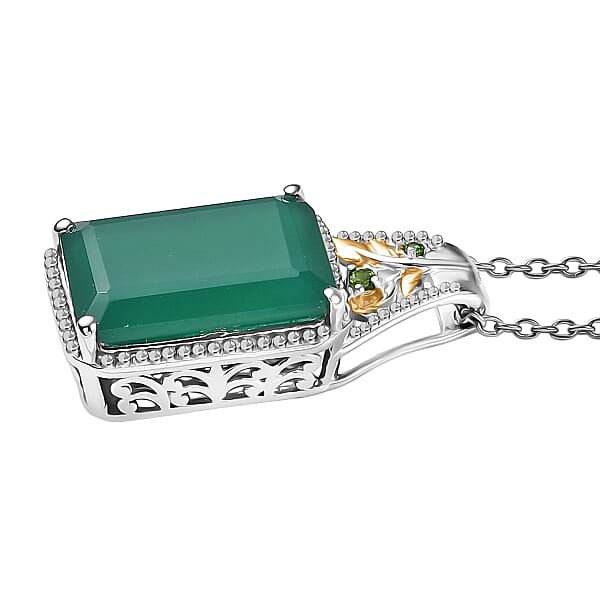 EverTrue Verde Onyx Chrome Diopside Pendant In 18K YG Plated And Platinum Bond With Stainless Steel Necklace 13.10 Ctw (20 Inches)