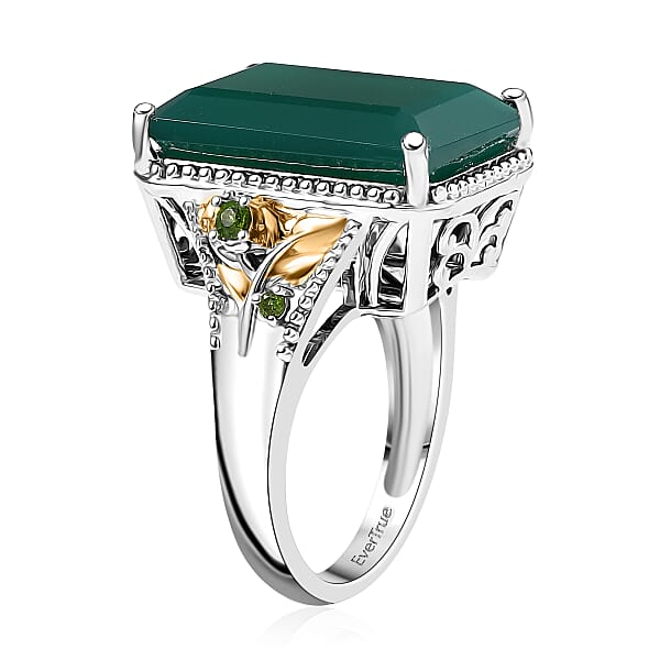 EverTrue Verde Onyx Chrome Diopside Ring In 18K YG Plated And Platinum Bond 13.35 Ctw