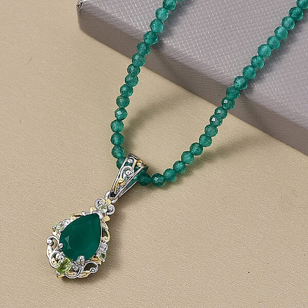 EverTrue Verde Onyx Hebei Peridot Pendant With Beaded Necklace In 18K YG Plated And Platinum Bond 30.20 Ctw (20 Inches)