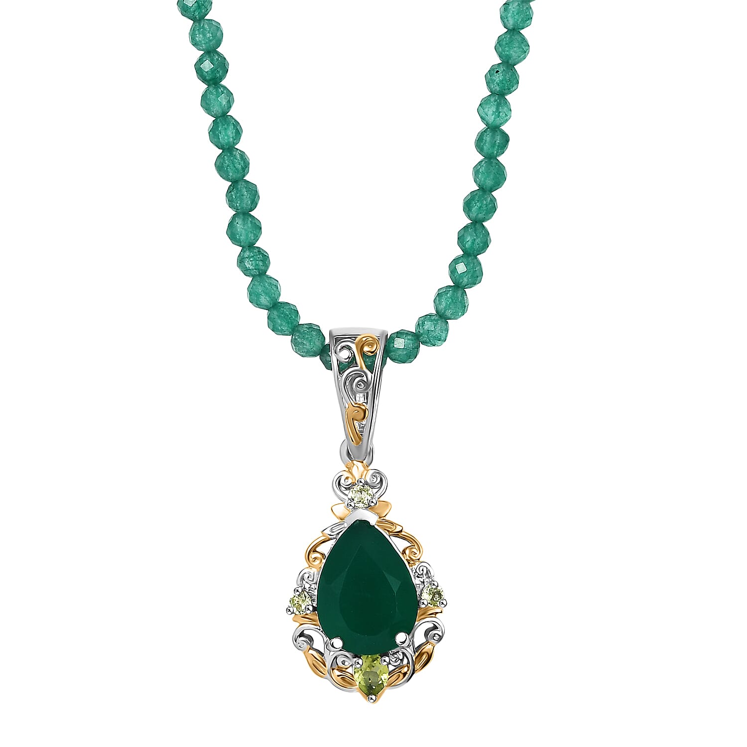 EverTrue Verde Onyx Hebei Peridot Pendant with Beaded Necklace in 18K YG Plated and Platinum Bond 30.20 ctw (20 Inches)