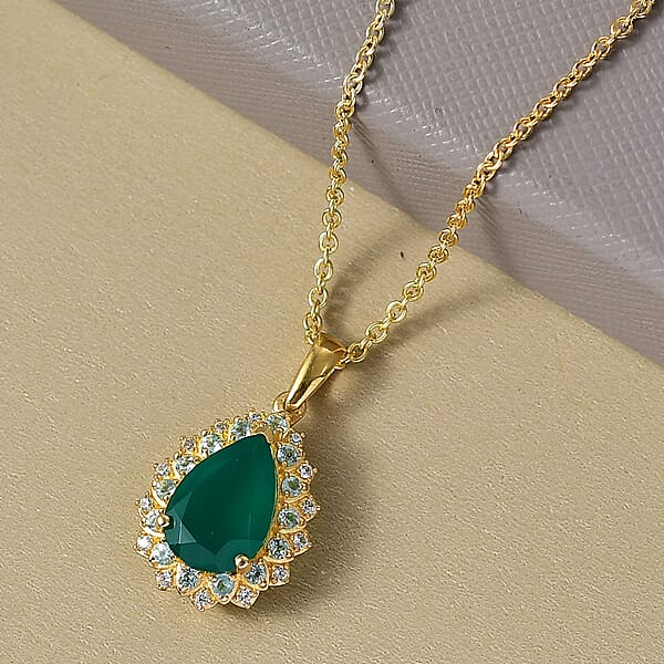 EverTrue Verde Onyx Multi Gemstone Petal Bloom Pendant In 18K YG Plated And ION Plated YG With Stainless Steel Necklace 3.25 Ctw (20 Inches)