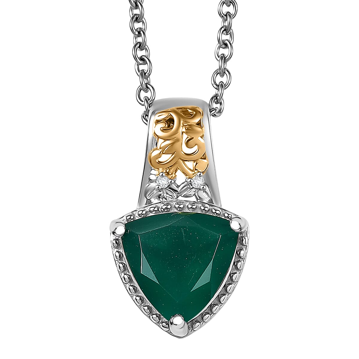 EverTrue Verde Onyx White Zircon Garden Crest Pendant in 18K YG Plated and Platinum Bond with Stainless Steel Necklace 2.20 ctw (20 Inches)