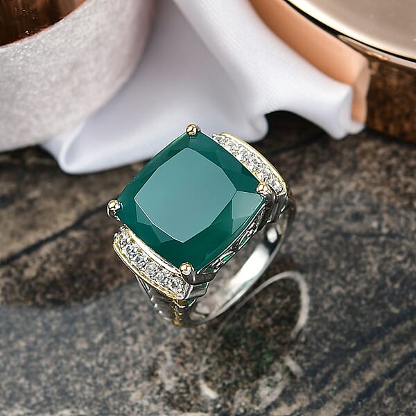 EverTrue Verde Onyx White Zircon Ring In 18K YG Plated And Platinum Bond 12.65 Ctw