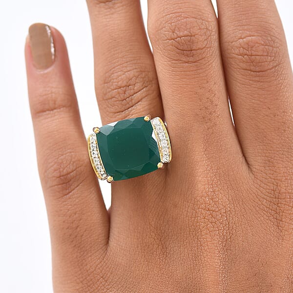 EverTrue Verde Onyx White Zircon Ring In 18K YG Plated And Platinum Bond 12.65 Ctw