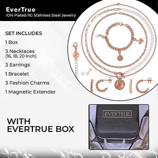 EverTrue White Shell Pearl Jewelry 3 Pearl Earrings 3 Pearl Necklaces (16 18 20 Inch Necklace) 1 Pearl Bracelet 3 Charms And 1 Magnetic Extender ION Plated RG Stainless Steel Jewelry Set