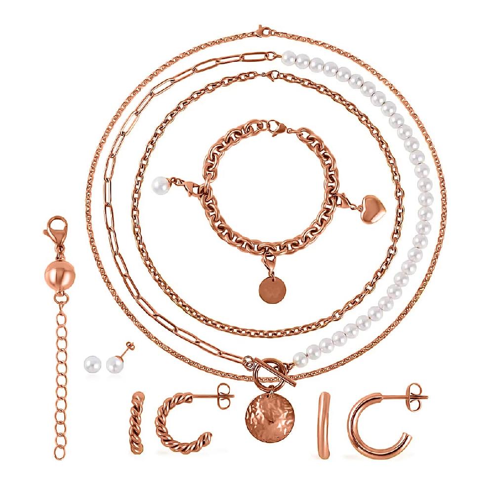 EverTrue White Shell Pearl Jewelry 3 Pearl Earrings 3 Pearl Necklaces (16 18 20 Inch Necklace) 1 Pearl Bracelet 3 Charms and 1 Magnetic Extender ION Plated RG Stainless Steel Jewelry Set