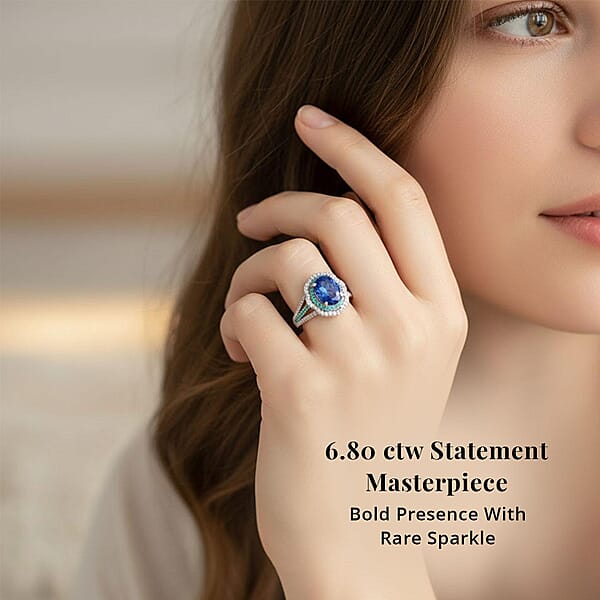 Exclusive Vault Collection Certified & Appraised Rhapsody AAAA Tanzanite Paraiba Tourmaline And E-F VS Diamond 6.80 Ctw Ring In 950 Platinum 10.70 Grams