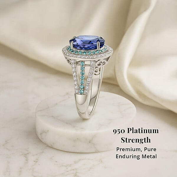 Exclusive Vault Collection Certified & Appraised Rhapsody AAAA Tanzanite Paraiba Tourmaline And E-F VS Diamond 6.80 Ctw Ring In 950 Platinum 10.70 Grams