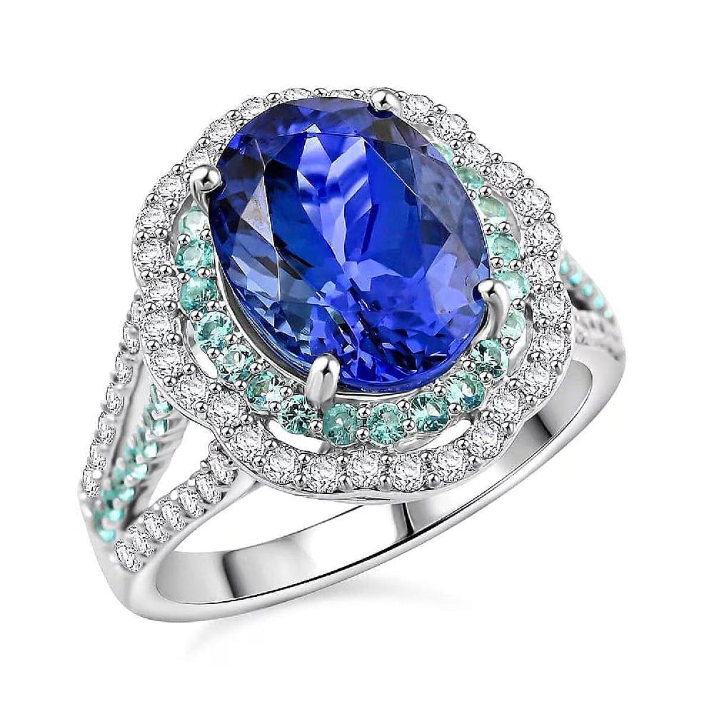 Exclusive Vault Collection Certified & Appraised Rhapsody AAAA Tanzanite Paraiba Tourmaline and E-F VS Diamond 6.80 ctw Ring in 950 Platinum 10.70 Grams