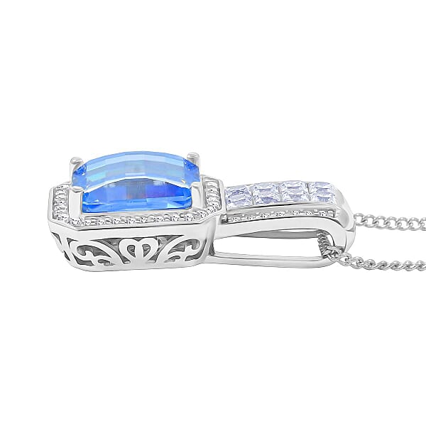 Fancy Cut Blue And White Moissanite 4.35 Ctw Art Deco Pendant Necklace In Rhodium Over Sterling Silver 18 Inches