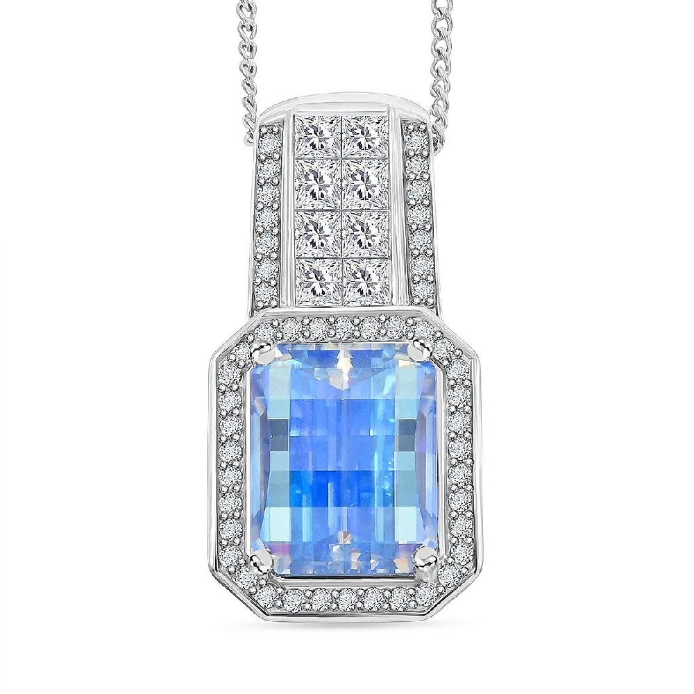 Fancy Cut Blue and White Moissanite 4.35 ctw Art Deco Pendant Necklace in Rhodium Over Sterling Silver 18 Inches