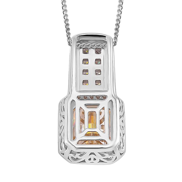 Fancy Cut Champagne And White Moissanite 4.30 Ctw Art Deco Pendant Necklace In Rhodium Over Sterling Silver 18 Inches
