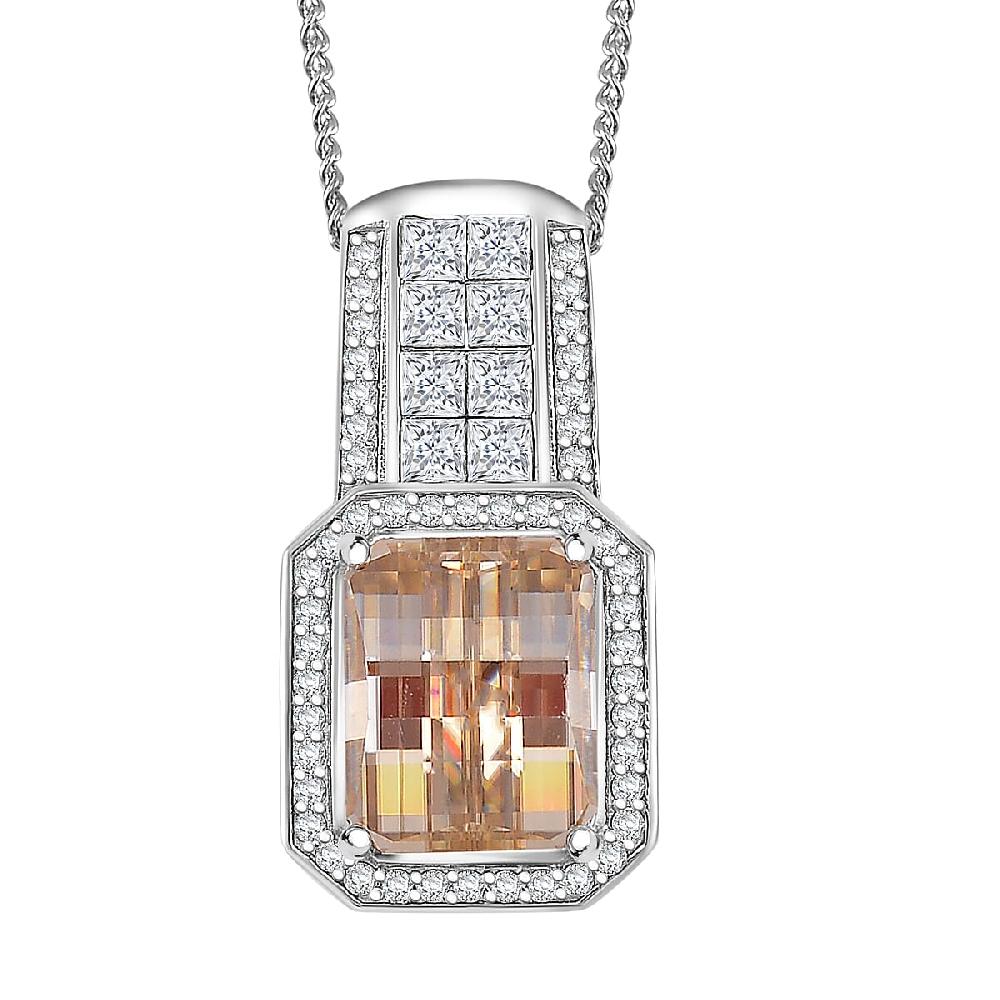 Fancy Cut Champagne and White Moissanite 4.30 ctw Art Deco Pendant Necklace in Rhodium Over Sterling Silver 18 Inches