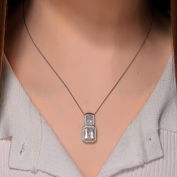 Fancy Cut White Moissanite 4.25 Ctw Art Deco Pendant Necklace In Rhodium Over Sterling Silver 18 Inches