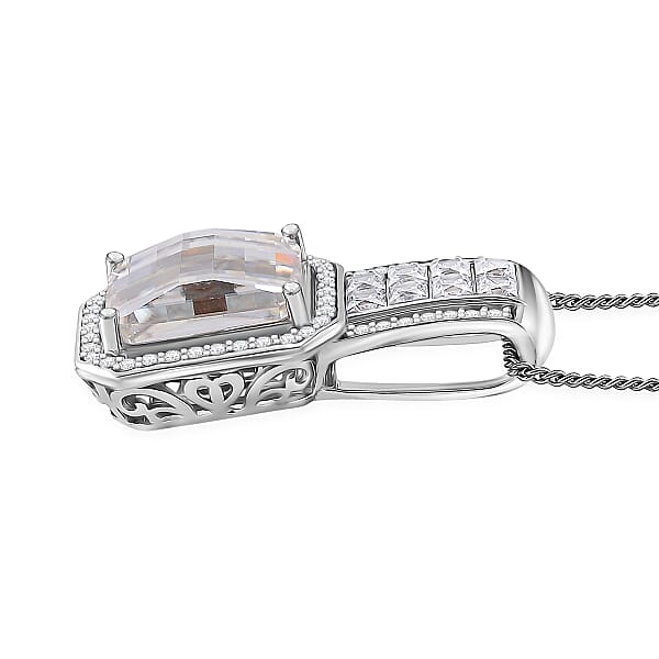 Fancy Cut White Moissanite 4.25 Ctw Art Deco Pendant Necklace In Rhodium Over Sterling Silver 18 Inches