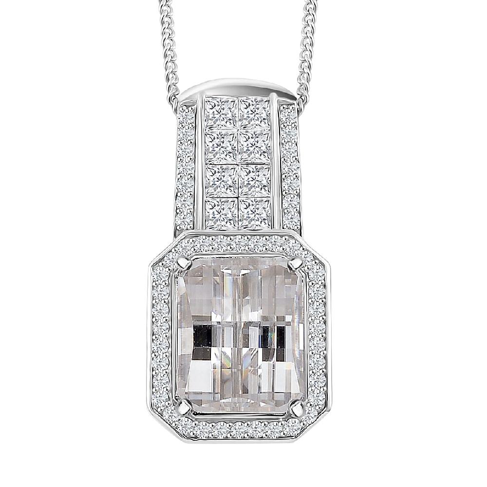 Fancy Cut White Moissanite 4.25 ctw Art Deco Pendant Necklace in Rhodium Over Sterling Silver 18 Inches