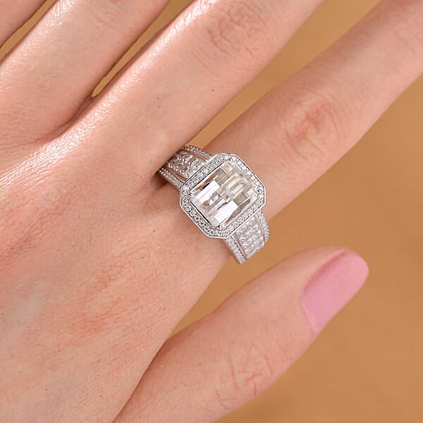 Fancy Cut White Moissanite 5.00 Ctw Art Deco Ring In Rhodium Over Sterling Silver