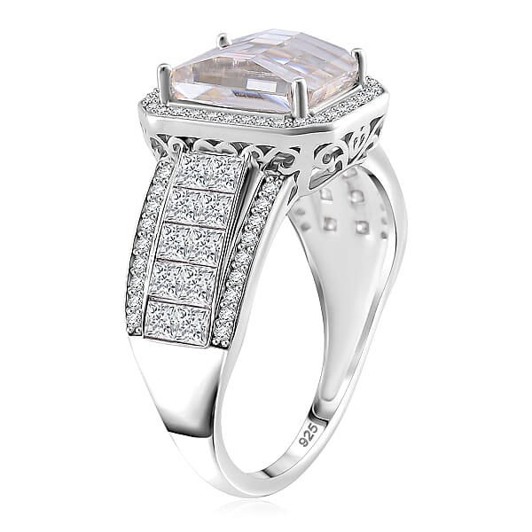 Fancy Cut White Moissanite 5.00 Ctw Art Deco Ring In Rhodium Over Sterling Silver