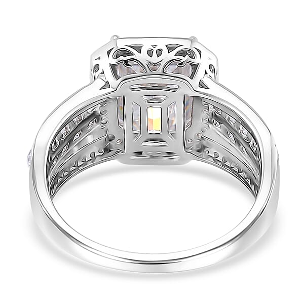 Fancy Cut White Moissanite 5.00 Ctw Art Deco Ring In Rhodium Over Sterling Silver