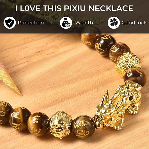 Feng Shui Yellow Tiger's Eye 214.00 Ctw Beaded Pi Xiu Necklace In Goldtone Bead Necklace For Women Unique Birthday Gifts (18-20 Inches)