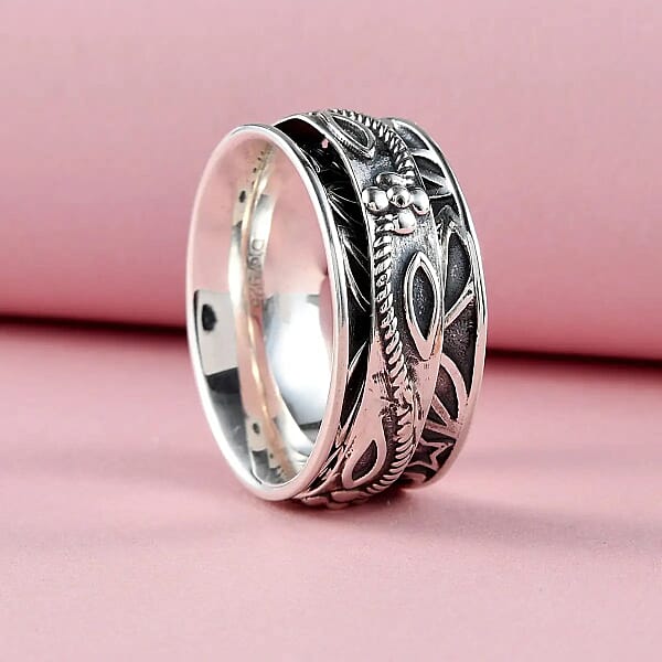 Floral Engraved Concave Spinner Ring In Sterling Silver Anxiety Ring For Women Fidget Rings For Anxiety For Women Stress Relieving Anxiety Ring Promise Rings (5 G)