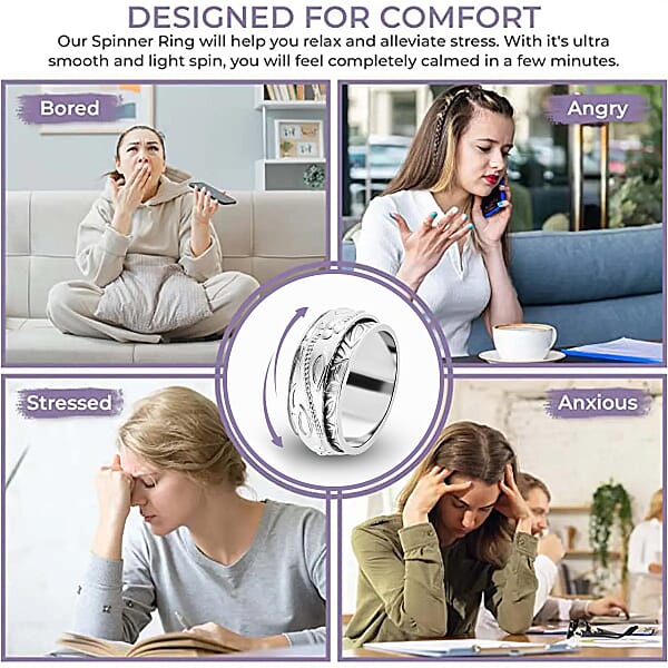 Floral Engraved Concave Spinner Ring In Sterling Silver Anxiety Ring For Women Fidget Rings For Anxiety For Women Stress Relieving Anxiety Ring Promise Rings (5 G)