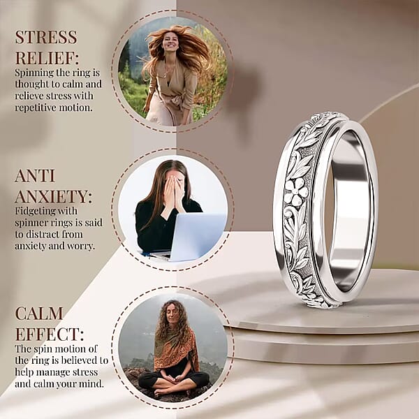 Floral Fidget Spinner Ring For Anxiety In Sterling Silver 4.50 Grams