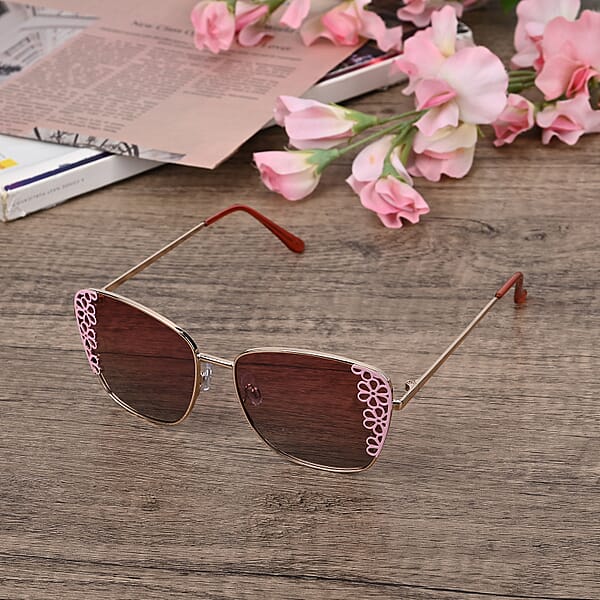 Flower Design UV400 Polarized Sunglass With Storage Bag- Pink