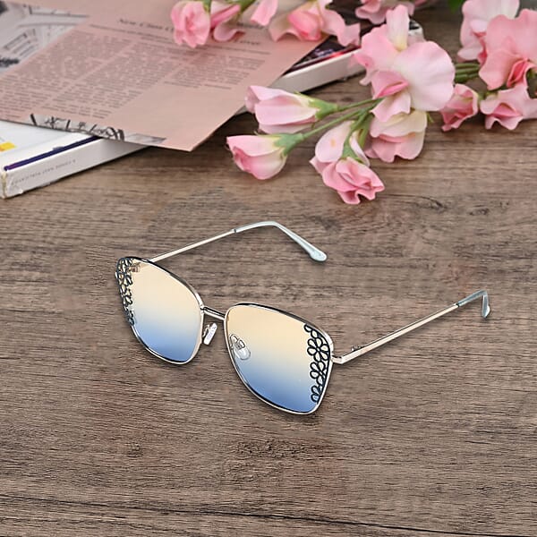 Flower Design UV400 Polarized Sunglass With Storage Bag- Yellow And Blue