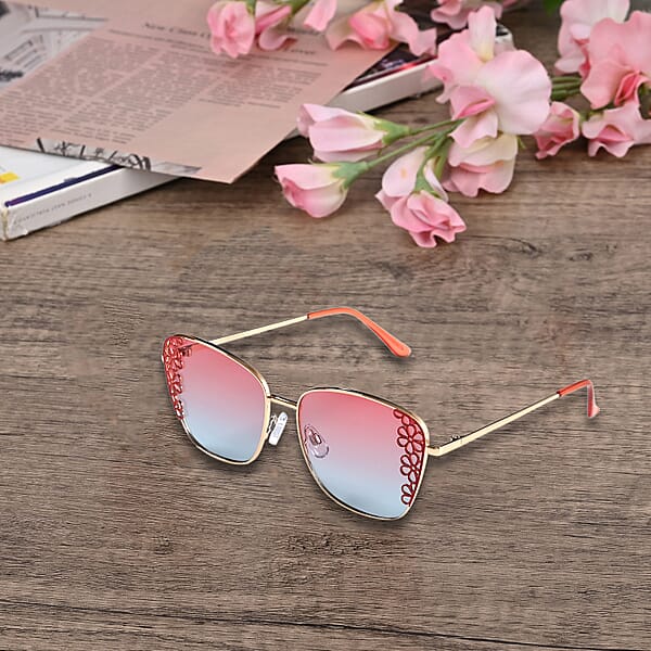Flower Design UV400 Polarized Sunglass With Storage Bag- Pink And Blue
