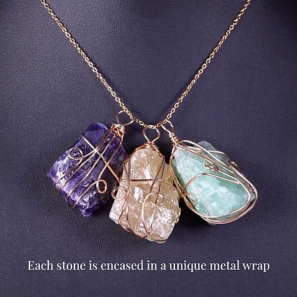 Fluorite Amethyst And Citrine 294.00 Ctw Pendant In Goldtone With ION Plated Yellow Gold Stainless Steel Necklace 20-22 Inches