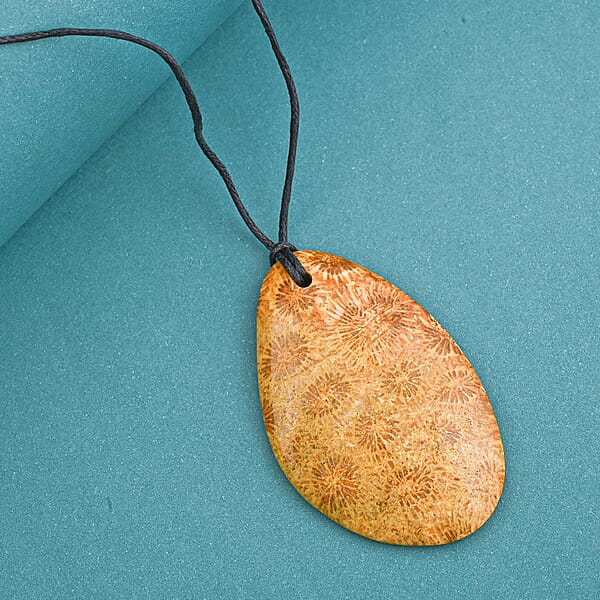 Freeform Hand Polished Coral Fossil Jasper 64.00 Ctw With Adjustable Black Cord Necklace