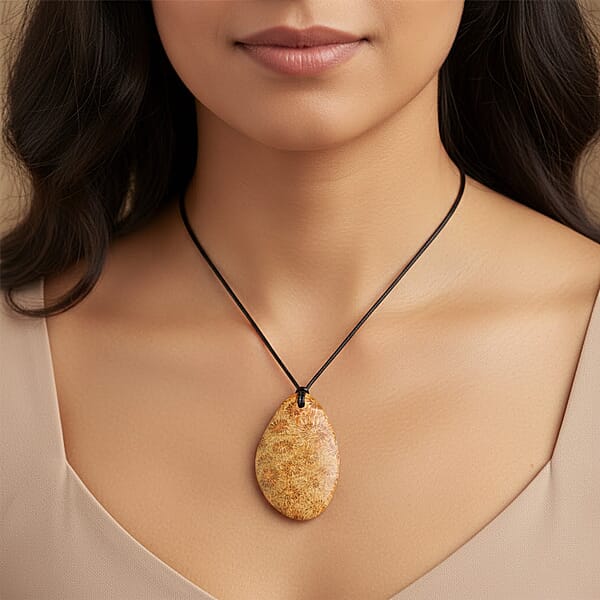 Freeform Hand Polished Coral Fossil Jasper 64.00 Ctw With Adjustable Black Cord Necklace