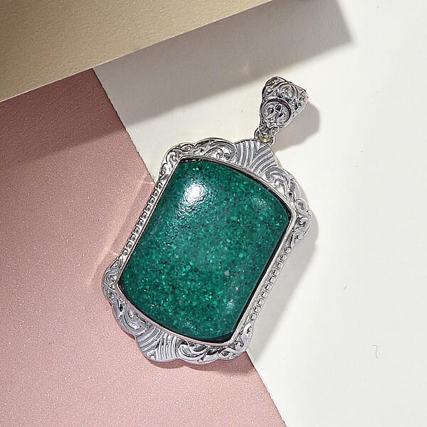 Freshened Malachite 21.20 Ctw Solitaire Pendant Without Chain In Platinum Over Copper With Magnet