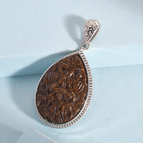 Freshened Tigers Eye Carved Fancy Pendant Without Chain In Platinum Over Copper With Magnet 12.20 Ctw