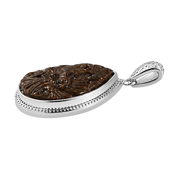 Freshened Tigers Eye Carved Fancy Pendant Without Chain In Platinum Over Copper With Magnet 12.20 Ctw