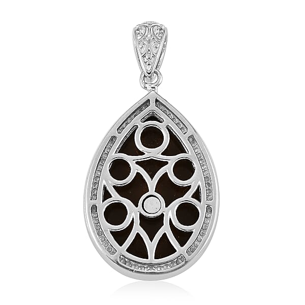 Freshened Tigers Eye Carved Fancy Pendant Without Chain In Platinum Over Copper With Magnet 12.20 Ctw