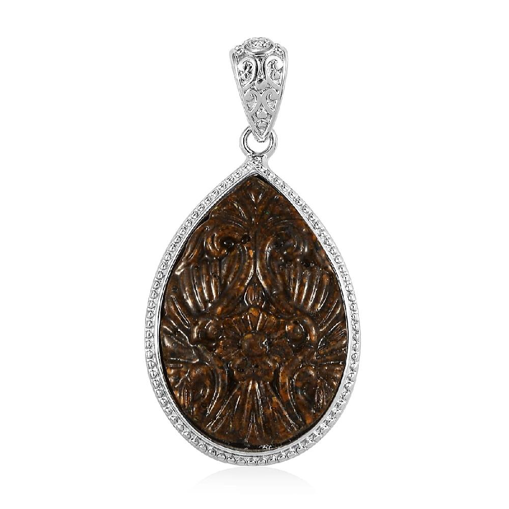 Freshened Tigers Eye Carved Fancy Pendant without Chain in Platinum Over Copper with Magnet 12.20 ctw