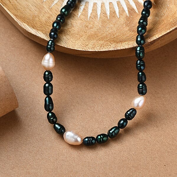 Freshwater Pearl And Green Dyed Pearl Necklace In Stainless Steel 18 Inches