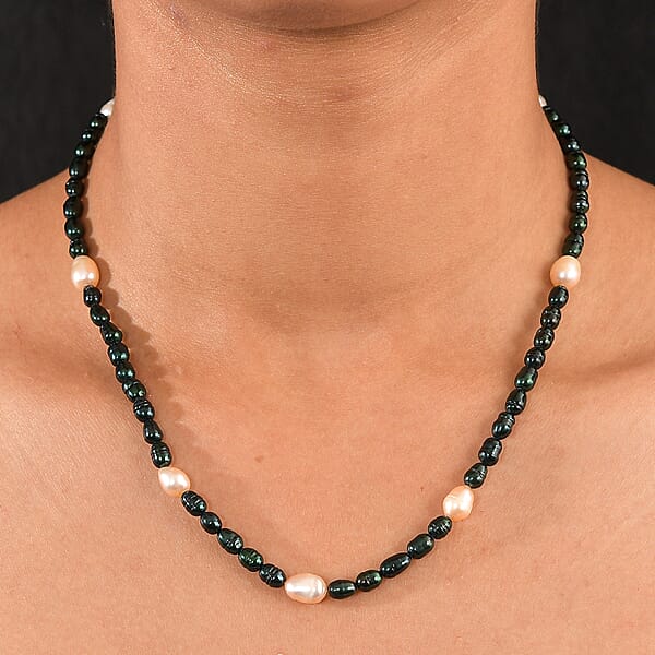 Freshwater Pearl And Green Dyed Pearl Necklace In Stainless Steel 18 Inches