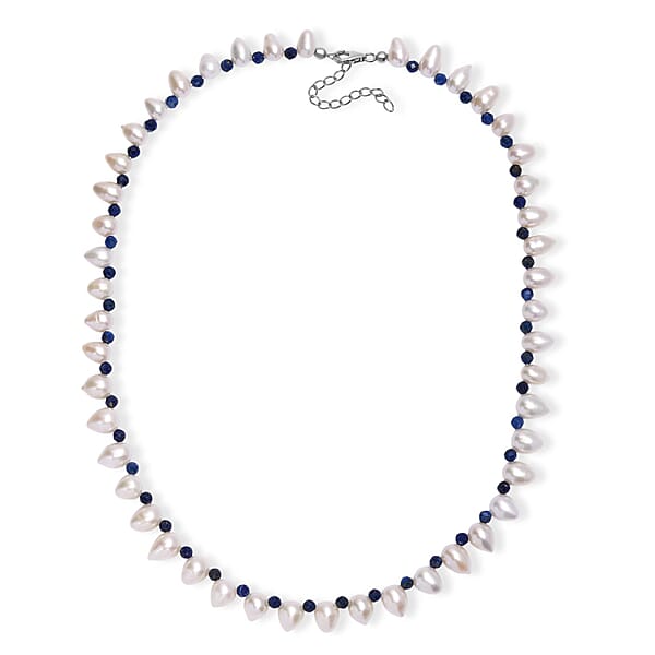 Freshwater Pearl And Lapis Lazuli 13.00 Ctw Necklace In Rhodium Over Sterling Silver 18 Inches