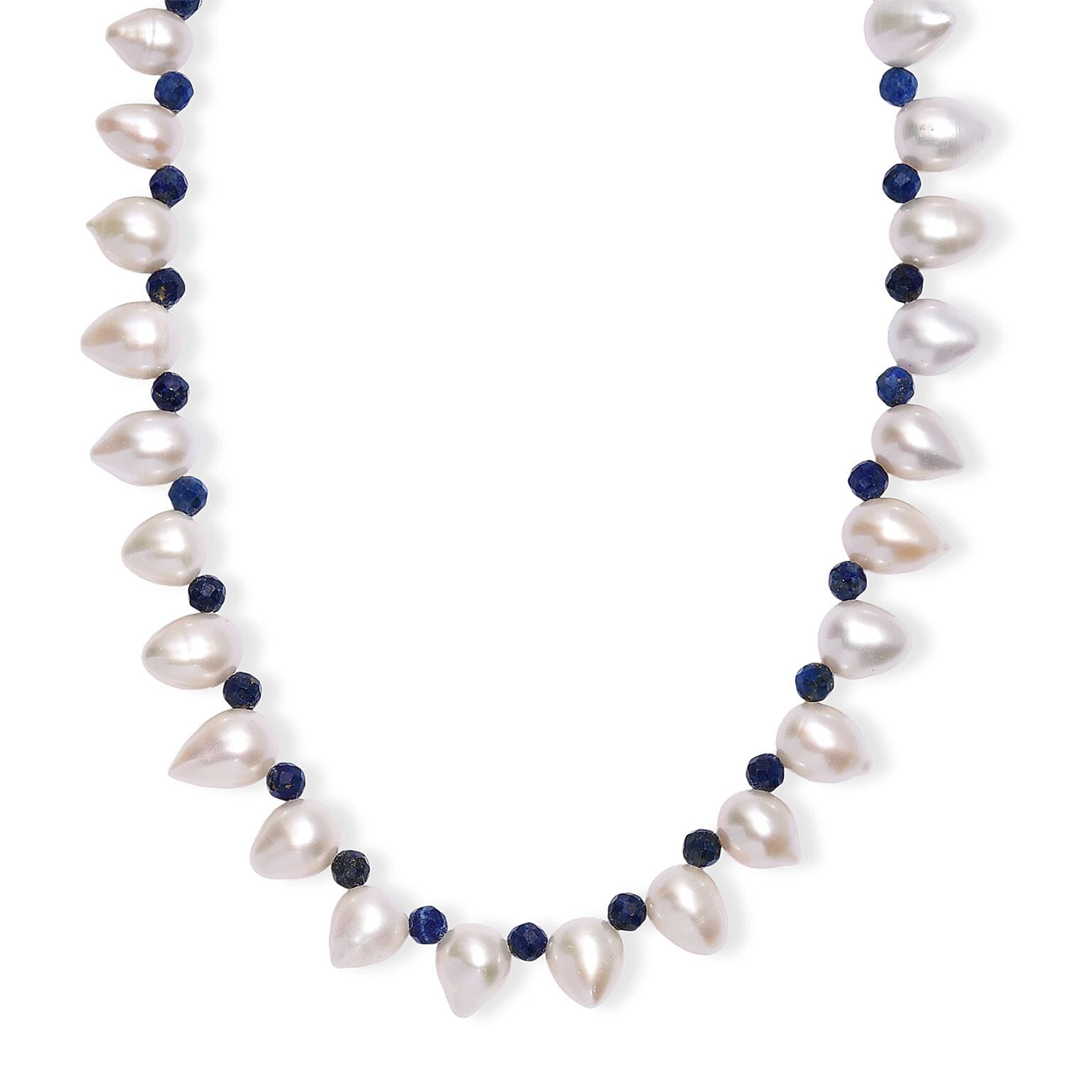 Freshwater Pearl and Lapis Lazuli 13.00 ctw Necklace in Rhodium Over Sterling Silver 18 Inches