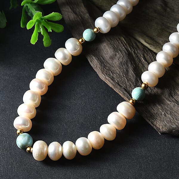 Freshwater Pearl And Larimar 10.00 Ctw Necklace 18 Inches In 18K Vermeil Yellow Gold Over Sterling Silver