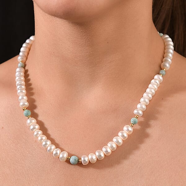 Freshwater Pearl And Larimar 10.00 Ctw Necklace 18 Inches In 18K Vermeil Yellow Gold Over Sterling Silver
